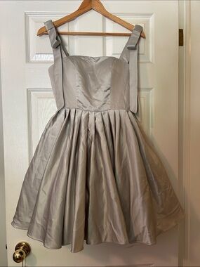 Silver Satin Fit-and-Flare Party Dress with Shoulder Ties and Corset back.